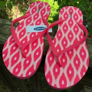 Old Navy Flip Flops Hot Neon Pink White Ikat Geo